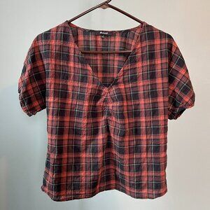 Madewell Gathered V-Neck Plaid Top
